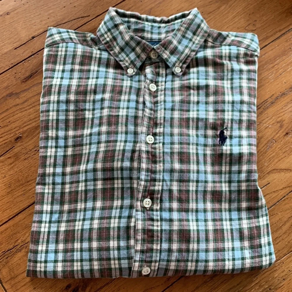 Ralph Lauren Youth Cotton Flannel Button Down Brown & Green Plaid Size Large